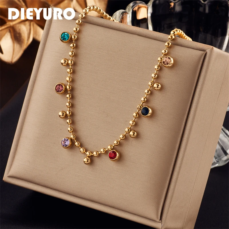 DIEYURO stal nierdzewna 316L Multicolor kryształowy naszyjnik z cyrkonią dla kobiet Fashion Lady łańcuszek z kulkami wesele biżuteria prezenty