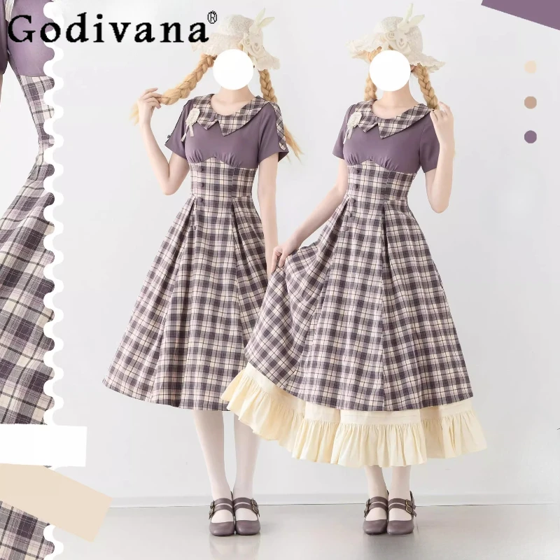 

Japanese College Style Purple Plaid Long Dress Girls Sweet Elegant High Waist Slim Lolita Dress Cla Tea Party Princess Dresses