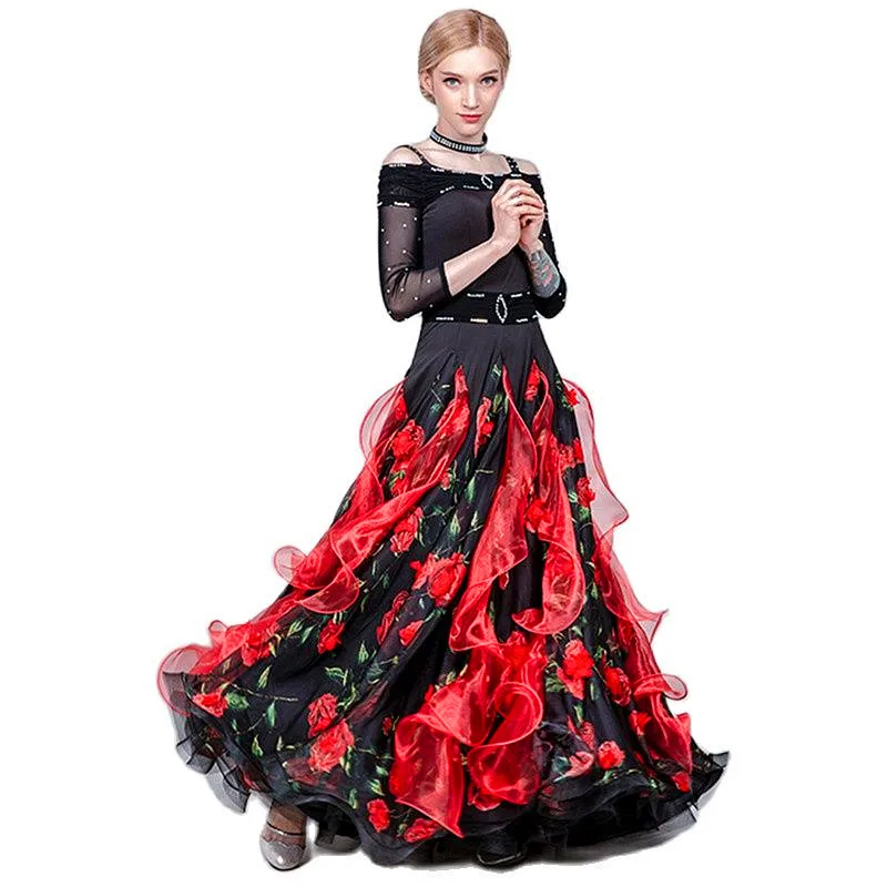 Off Shoulder Black Three-Dimensional Flowers Ballroom Dance Dresses For Woman Dance Costume Waltz Dress Modern Dance Wear Waltz