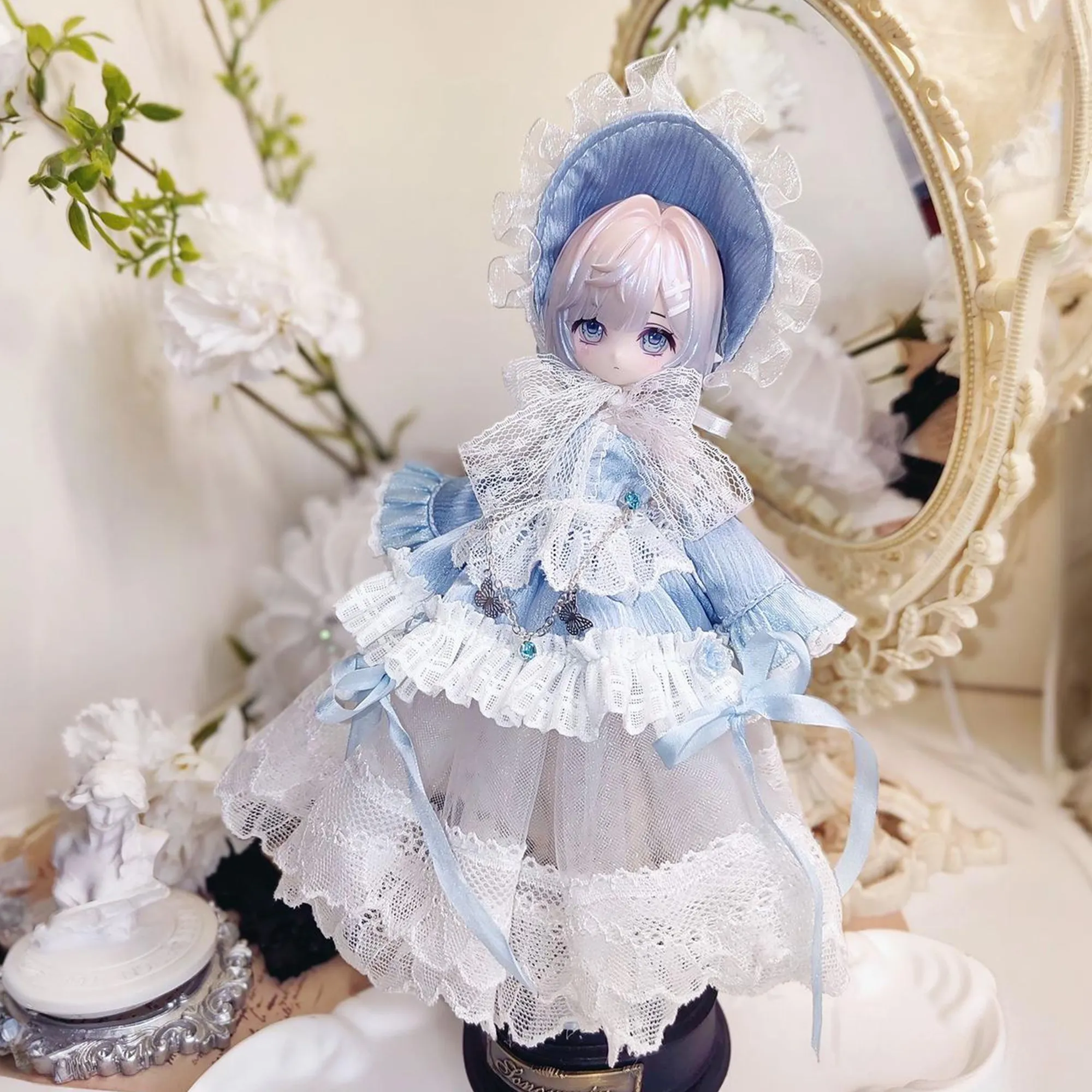 Geometric Creation OB11 Doll Clothes 8/12 Inch 11-17cm Action Figure Light Blue Lace Wedding Dress Outfit For Collectible Doll