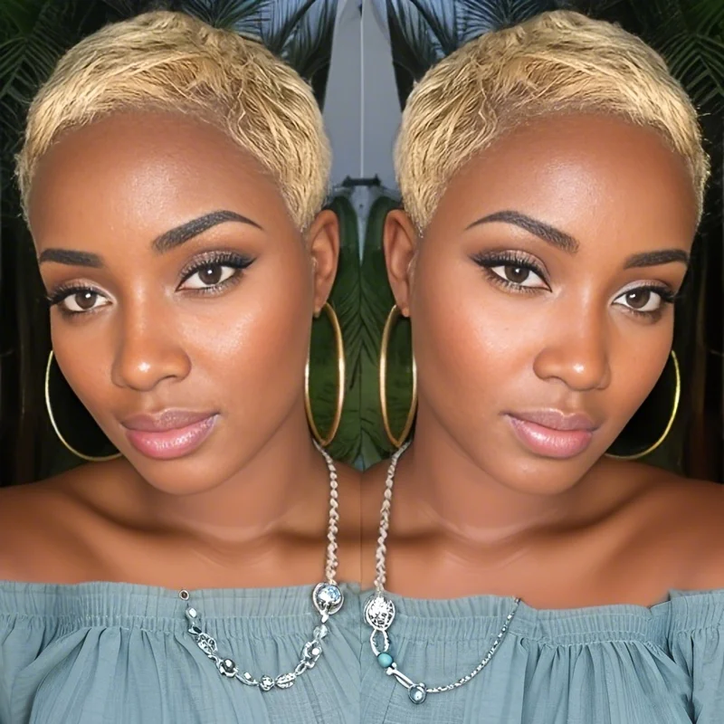 

27 Blonde Honey Pixie Cut Wig 100% Human Hair Curly Wave Layered Style with Bangs Golden Wig for Women Machine Made Wig