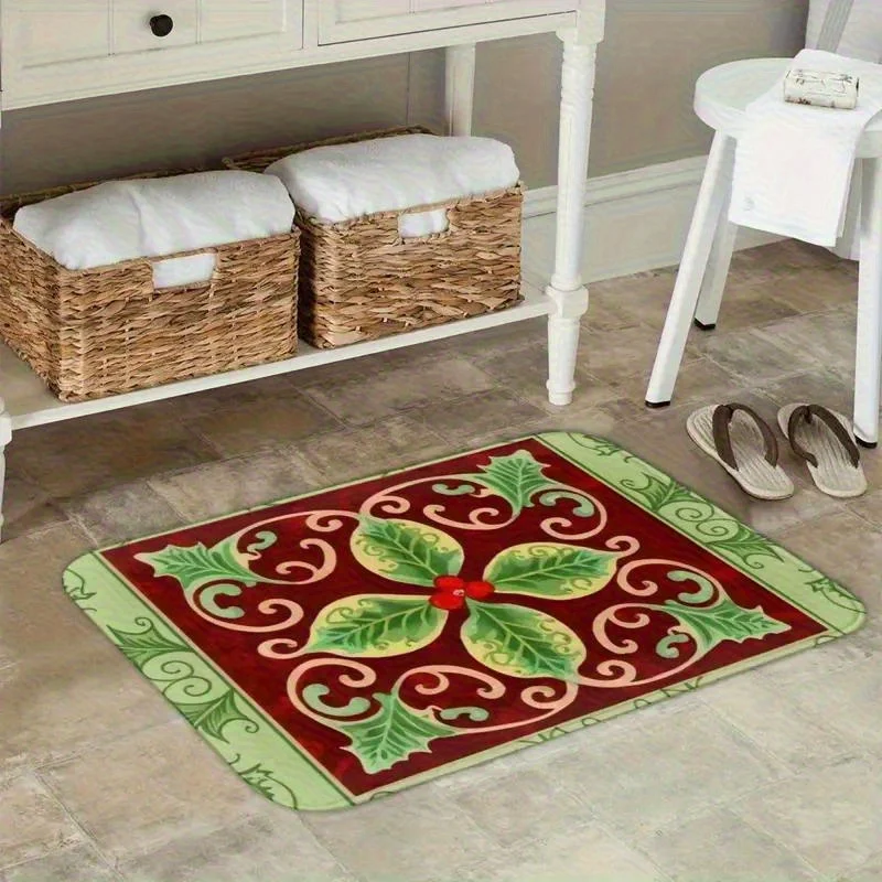 Vintage Green Leaf Doormat - Non-Slip Rubber Sole, Absorbent Quick-Dry Flannel Fabric, Machine Washable Indoor/Outdoor Mat for C