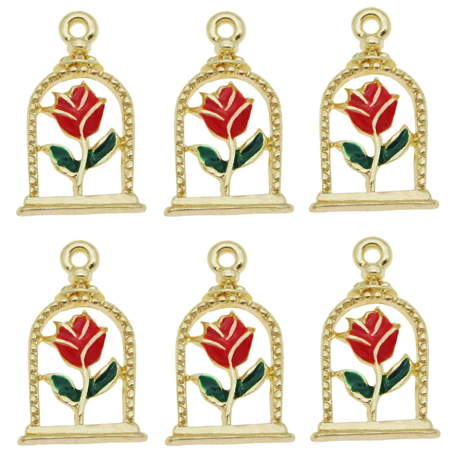 JulieWang 5-20pcs Alloy Rose in Jar Charms for the Little Prince Pendant Necklace Bracelet Keyring Jewelry Making Charm 18*11mm
