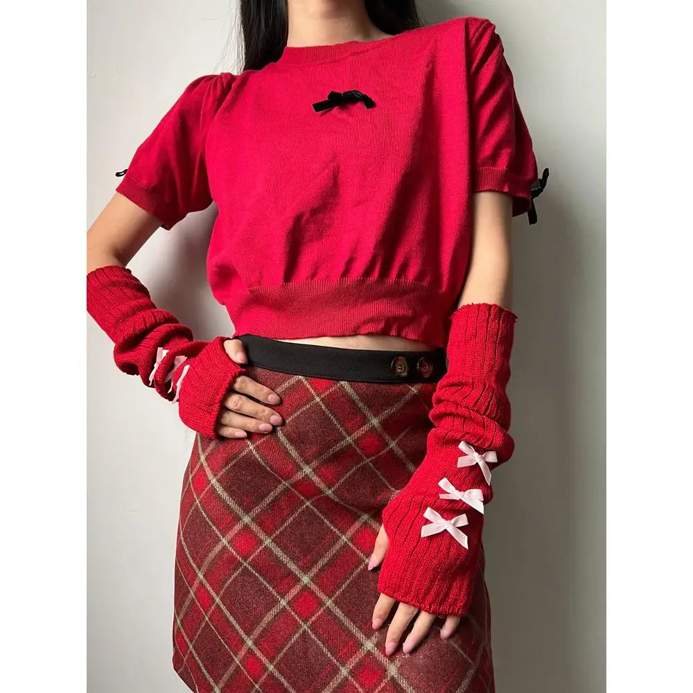 Punk Lolita Bowknot Arm Warmers Japanese Harajuke Y2K Sweet Arm Sleeve Gothic Knit Long Sleeve Fingerless Mittens for Women