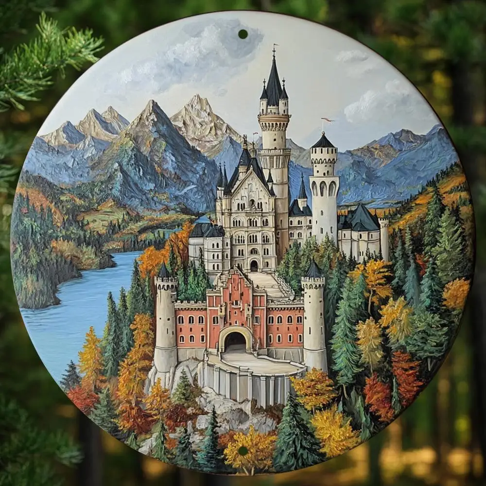 1 Stück Vintage Neuschwanstein Castle Aluminium Wandkunst, 2D Rundes Metallschild für Zuhause, Wohnzimmer, Büro, Bar, Küche, Kaffee Sho