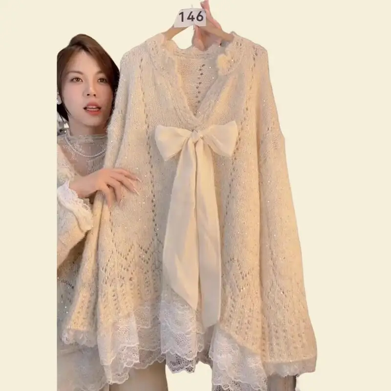 2026 Women Autumnwinter Sweet Western Style Bow Design Long Sweater Lazy Style Cute Soft Lace Splicingloose Comfort Knittedtops