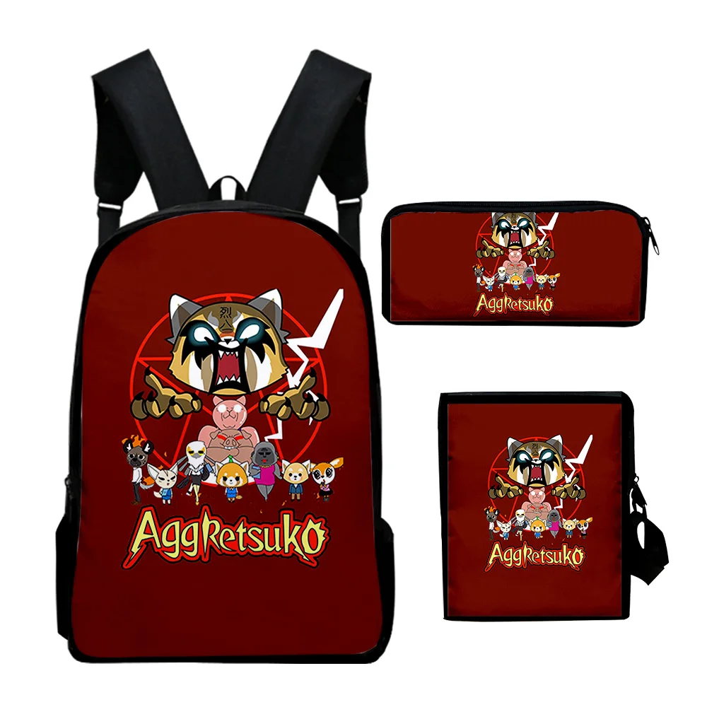 Aggretsuko Anime Print 3D School Bags, Sac à dos pour ordinateur portable, Sac à bandoulière incliné, Trousse à crayons, Mode classique, 3 pièces par ensemble