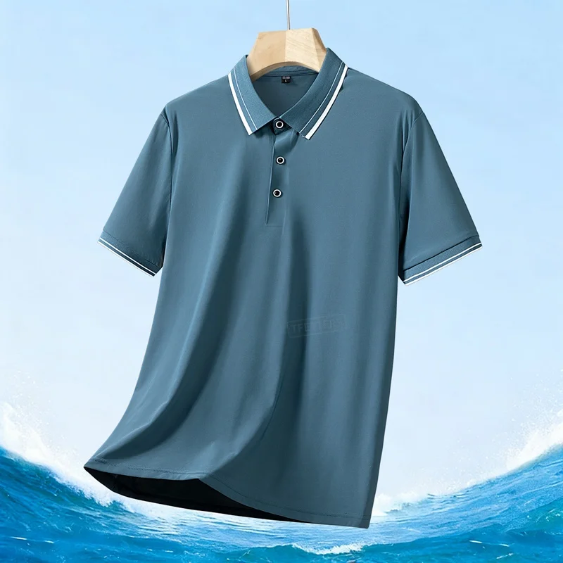 TFETTERS Summer Training Striped Edge Polo Shirt Men Smooth Fabric Golf Tennis Jogging Comfort Casual Short Sleeve Polo Men