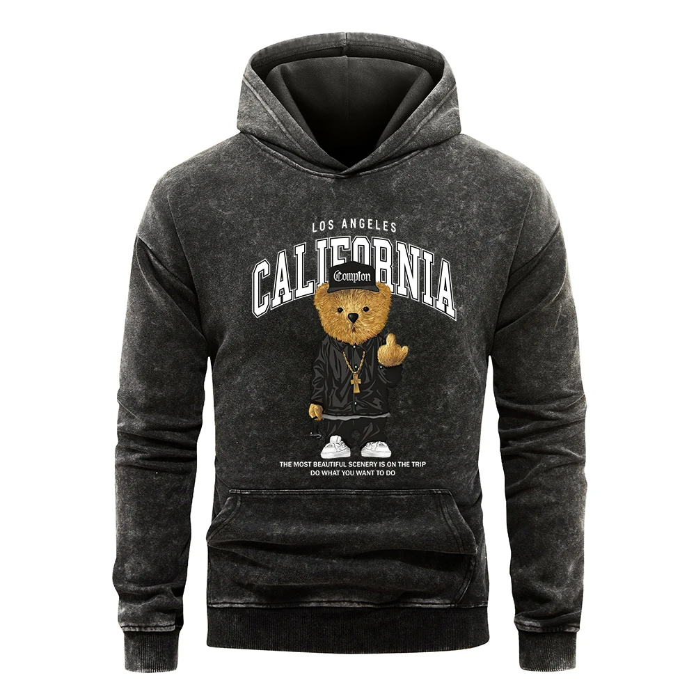 Los Angeles California Hip Hop Bear Print Men Washed Hoodie Casual All-Match Hoody Retro Loose Hoodies Autumn Cotton Clothing