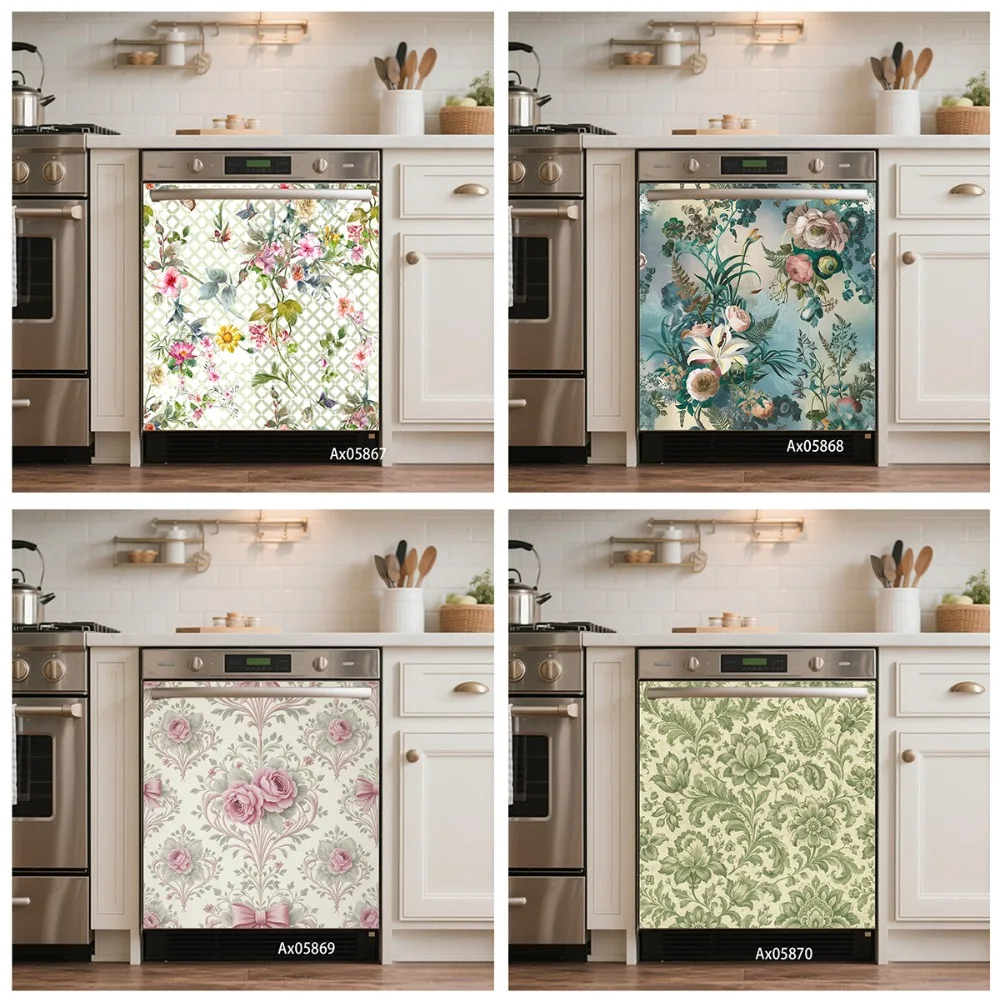Soft Vintage French Country Floral Vine Dishwasher Door Sticker Self Adhesive Farmhouse Tea Room Cabinet Washer Decor Wallpaper