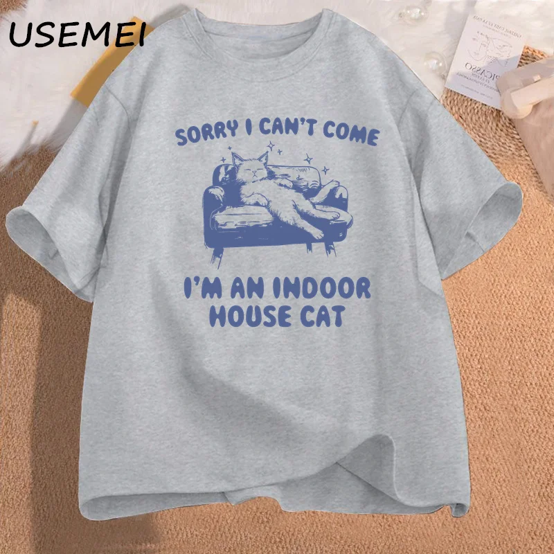 Sorry I Can't Come I'm An Indoor House Cat T-Shirt Vintage 90s Sleeping Introvert Kitten T Shirt Women Funny Cat Graphic Tshirt