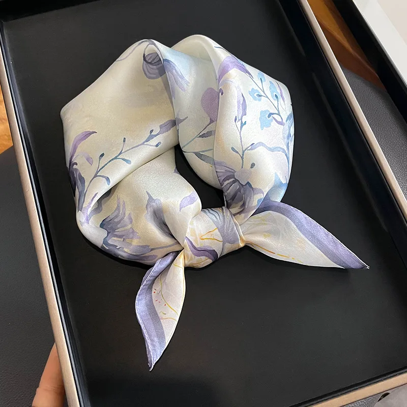 

Pure Silk Scarf Women Elegant Floral Printed Small Square Neck Kerchief Bandana Female Echarpe Luxury Hairbands 2024 Spring