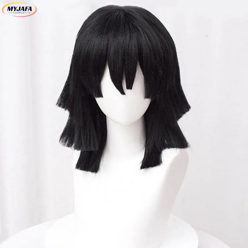 Peluca de Cosplay de Iguro Obanai, pelo corto negro, resistente al calor, Anime, gorra