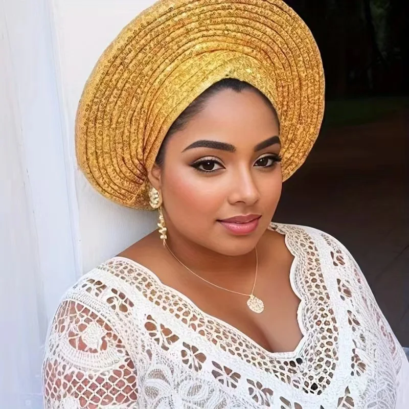 New Sequins Autogele Turban Cap for Women Ready African Auto Gele Headtie Nigeria Wedding Geles Female Head Wraps Lady Headpiece