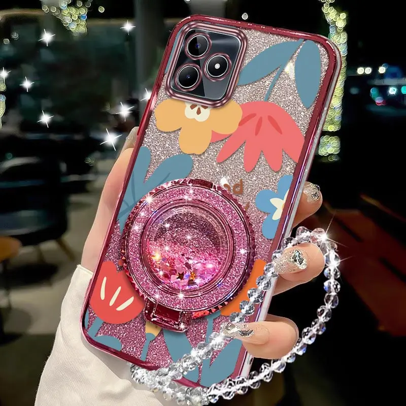 

C53 Lovely flowers Plating Bracelet Holder Phone Case For Realme C53 C75 C63 C55 C67 C61 C65 C51 C35 Narzo N61 N55 N63 N53 Cover