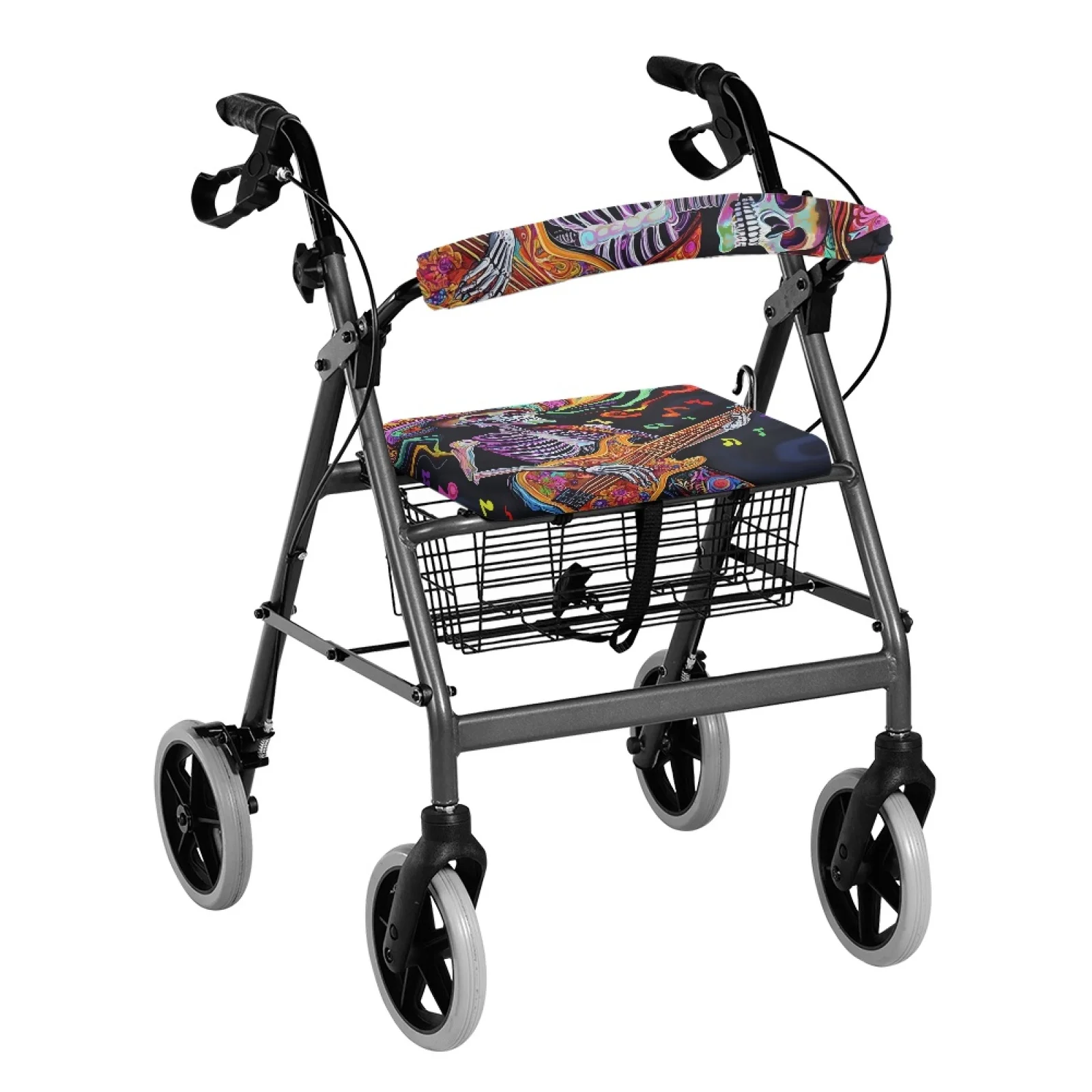 Coloranimal Skull Guitar 2 Pieces Set Walker Seat Cushion Cover Polyester Fabric Rollator Seat Back Rest Covers for Parents
