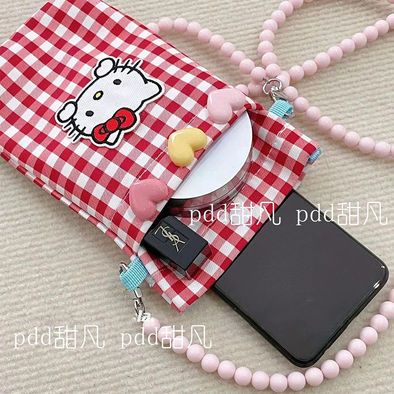 Kawaii Hello Kitty Y2K Mobile Phone Bag Sanrio Animered Plaid Storage Bag Girl Heart Summer Sweet Cute Cartoon Crossbody Bag Toy