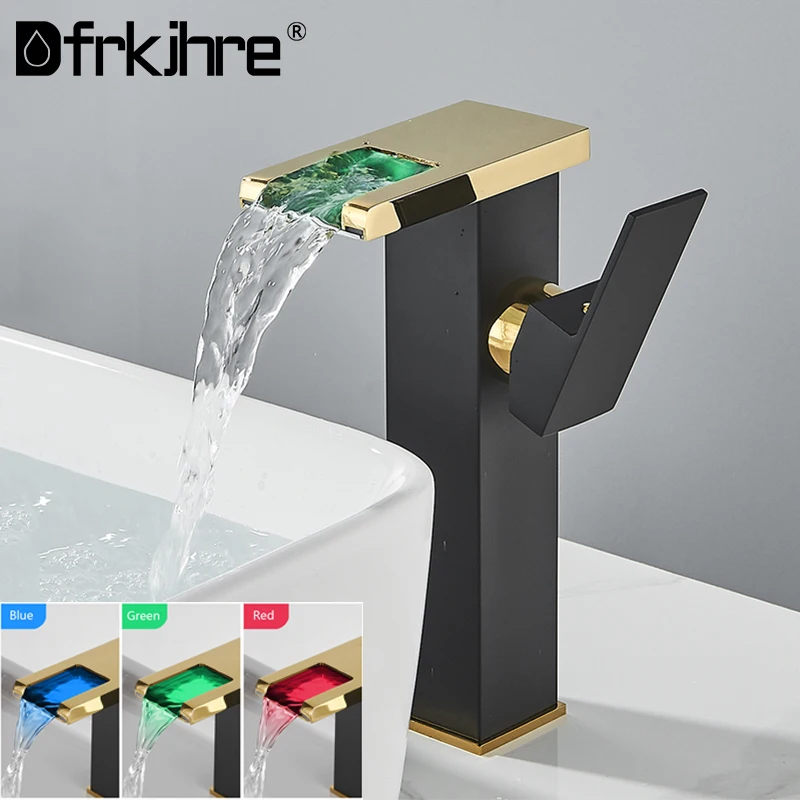 

Bathroom LED Waterfall Faucet Sink Color Changes With Temperature Basin Mixer Deck Mounted Basin Tap Hot Cold Washbasin Tap