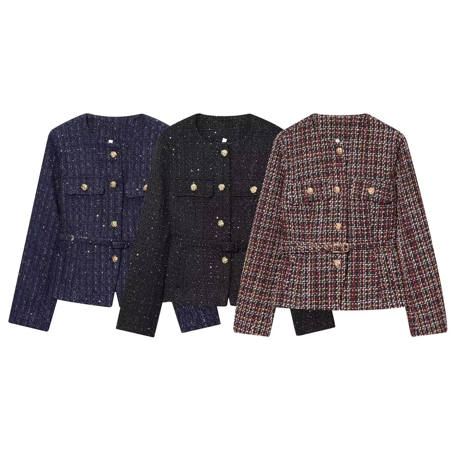 2026 Autumn New Women's Clothing Small Fragrant Style Metal Buckle Round Neck Long Sleeve Short Coat for Women