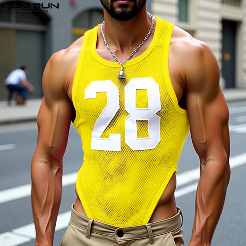 INCERUN 男性ボディスーツメッシュ透明パッチワーク O ネックノースリーブ男性タンクトップボディスーツ夏セクシーな 2025 ロンパースストリート