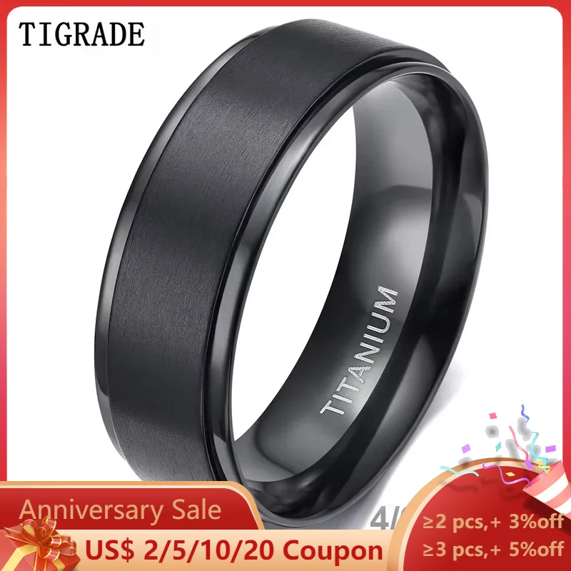 Tigrade 4/6/8/10mm anel de titânio preto homem escovado aliança de casamento feminino anéis de noivado cor prata bague femme anneau bijoux