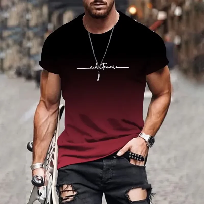 2026 New Men's Gradient Letter Printed Comfortable Breathable Round Neck T-Shirt for Outdoor and Street Fashion Wear