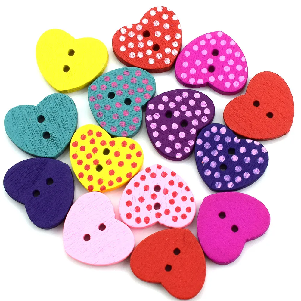 50PCS 17MM 2-Holes Round Wooden Buttons Red Love Heart Sewing Button Home Clothing Sewing Scrapbooking Decor Accessories