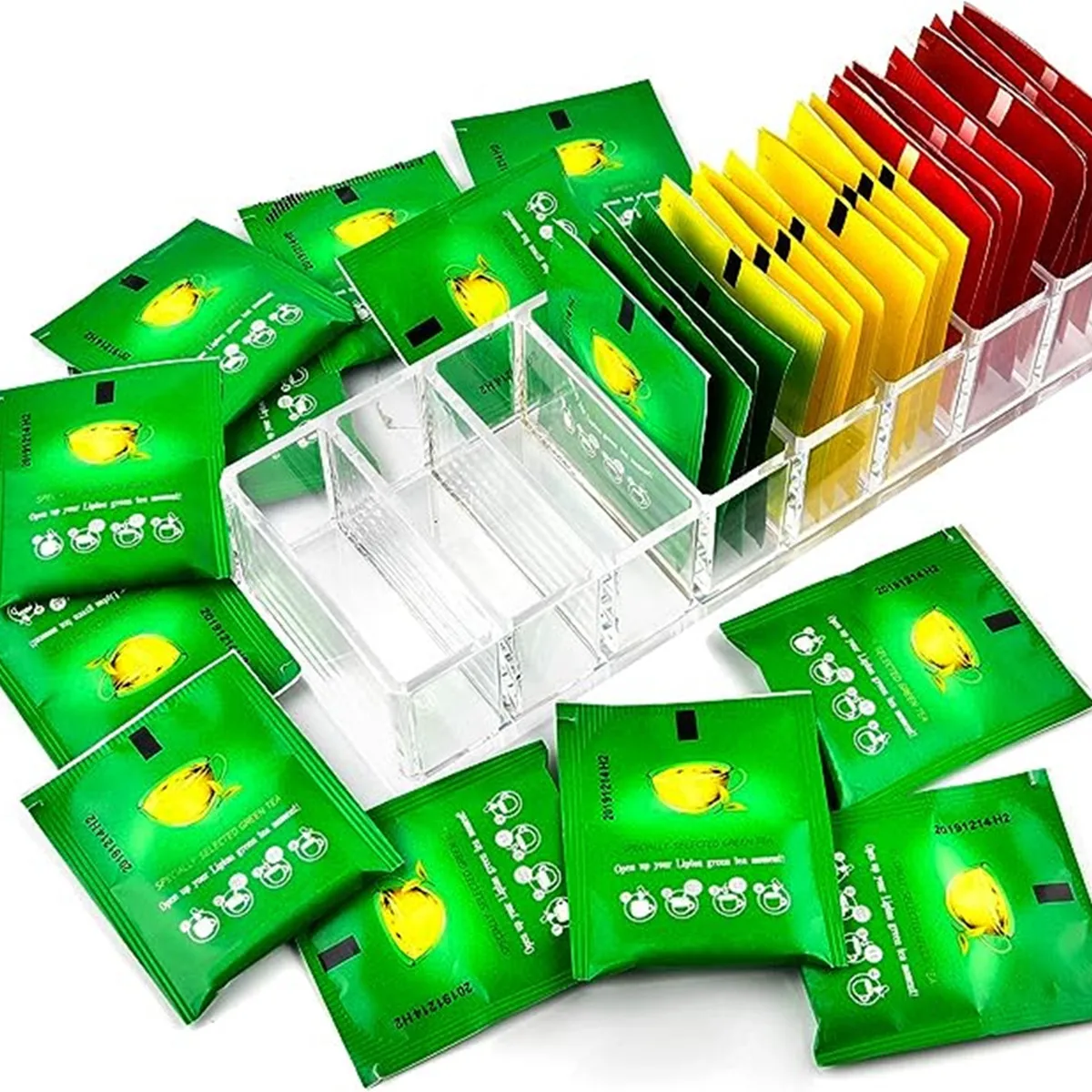 1 Piece of 8-Compartment Tea Bag Storage Box, Acrylic Instant Coffee Milk Tea Bag Storage Rack (Excluding Tea Bag), Cosmetics Display Rack Drawer