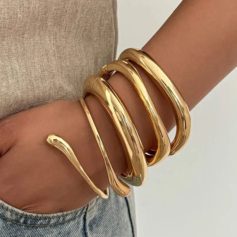 

KunJoe New Trendy Glossy Irregular Geometric Open Bangle for Women Hip Hop Gold Color Stackable Spring Bracelet Party Jewelry