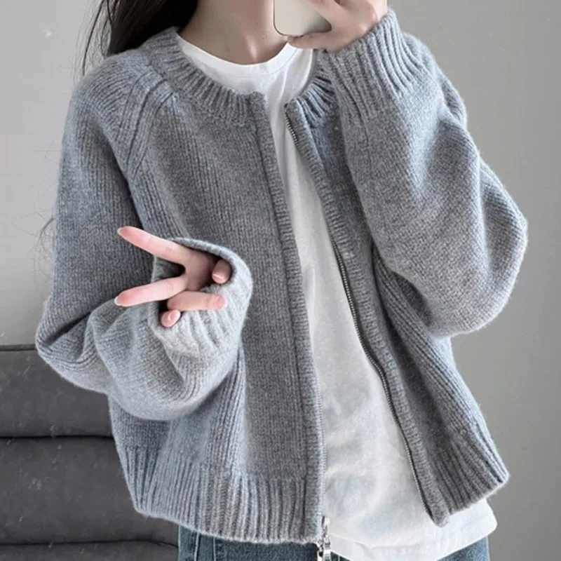 Sweater Women 2024 Fashion Casual Short Cardigan Solid Color Spring Autumn Grey Double Zip O Neck Sweater Coat BD4067