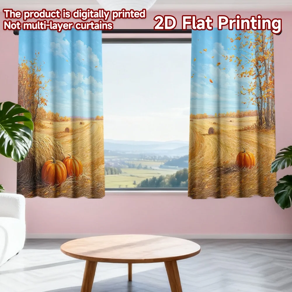 

2D flat printing 2pcs Drapes Thanksgiving Pumpkin Field Digital Printed Polyester Drapes Festive Wall Decor for Entryway Room