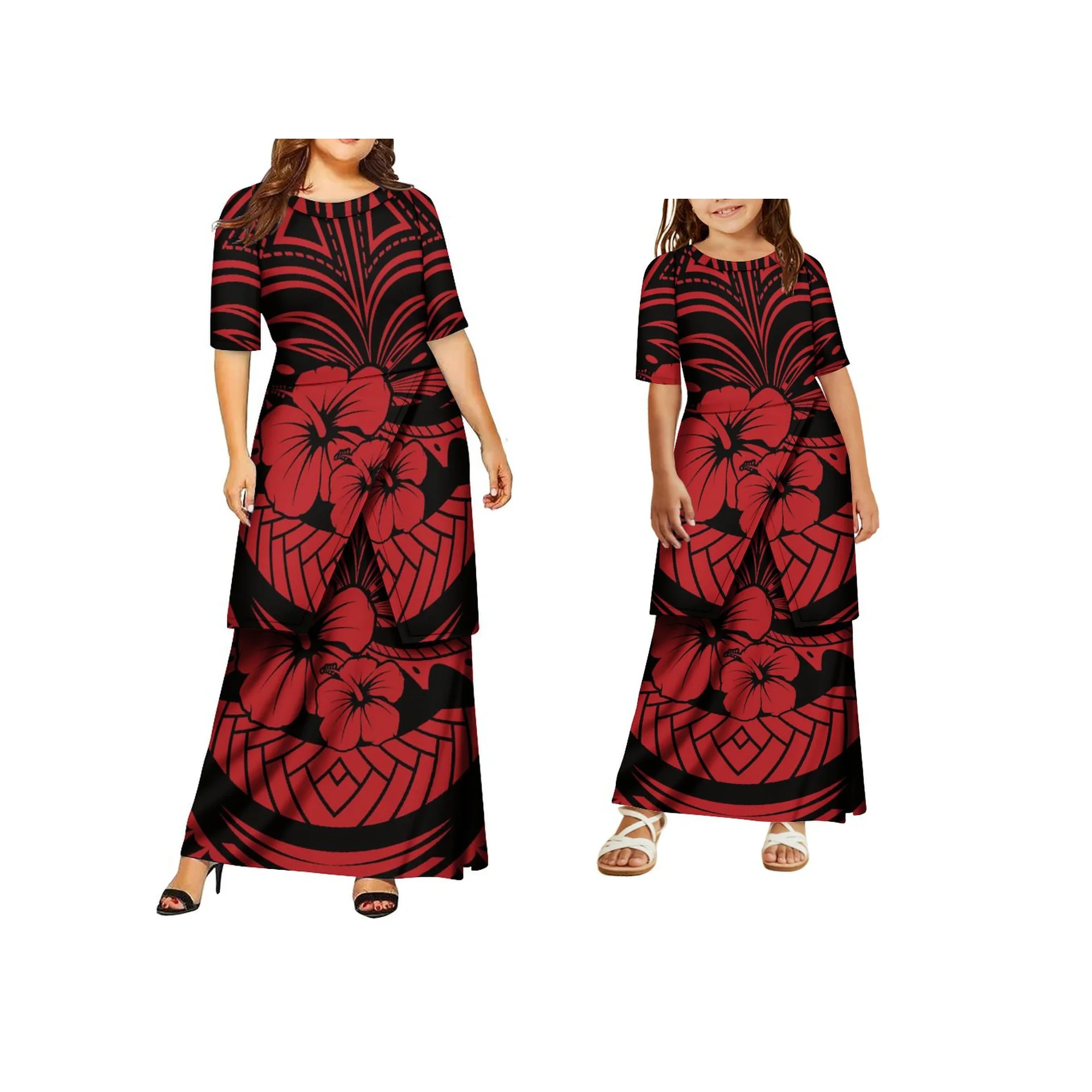 

New Design Custom Polynesian Tribal Print Crew Neck Samoan Puletasi Mother and Daughter Two Piece Set Plus Size Clothing