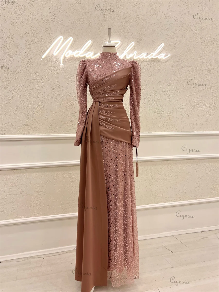 Ciynsia Classic Glitter Evening Dresses For Women High Neck Full Sleeves Formal Party Gowns Islamic Muslim Robes De Soirée