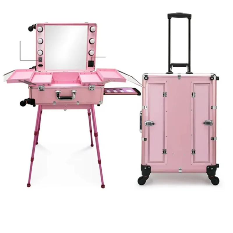 24 Inch Dimmable LED Light Makeup Carry Case Large Storage Travel Rolling Cosmetic Suitcase For Beauty Artist