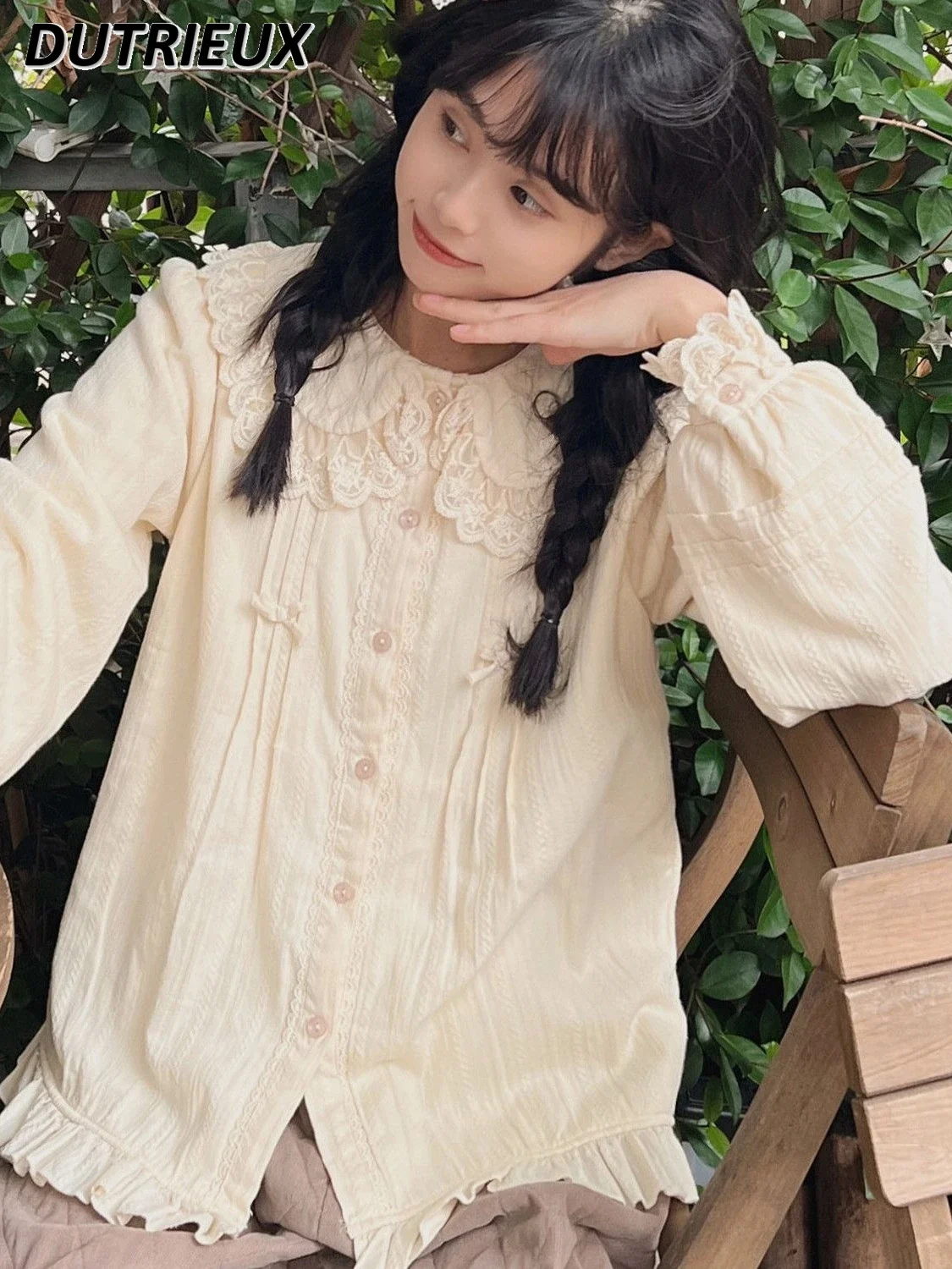 Cream Apricot Lace Doll Collar Shirt Autumn and Winter Fleece-lined Thick Cotton Tops Jacquard Fabric Inner Wear Blouse