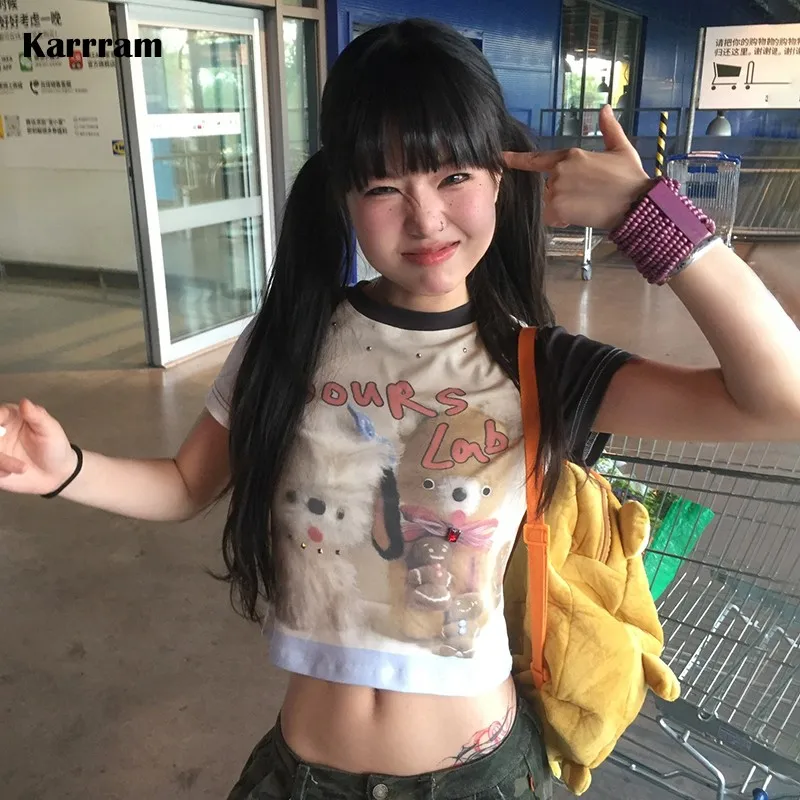 Karrram Japanese Y2k Kawaii Print T-shirt Vintage 2000s Style Crop Top Harajuku Short Sleeve Patchowrk T Shirt American Retro