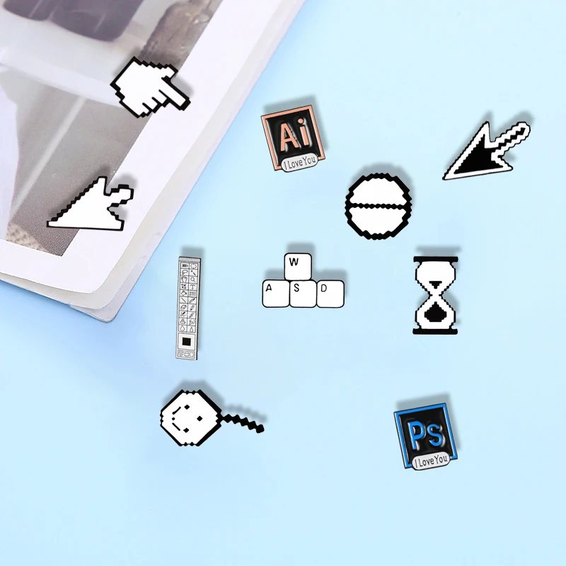 Classical Pixel Cursors Brooch Photoshop Toolbar Pins AI Quotes Enamel Hourglass Computer Window Icon Mouse Pointer Arrow Badges