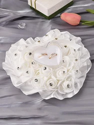 White Rose Wedding Ring Pillow Heart Shape Wedding Ring Box Pillow Cushion Pearl Lace Crystal Rose Wedding Ceremony Ring Holder