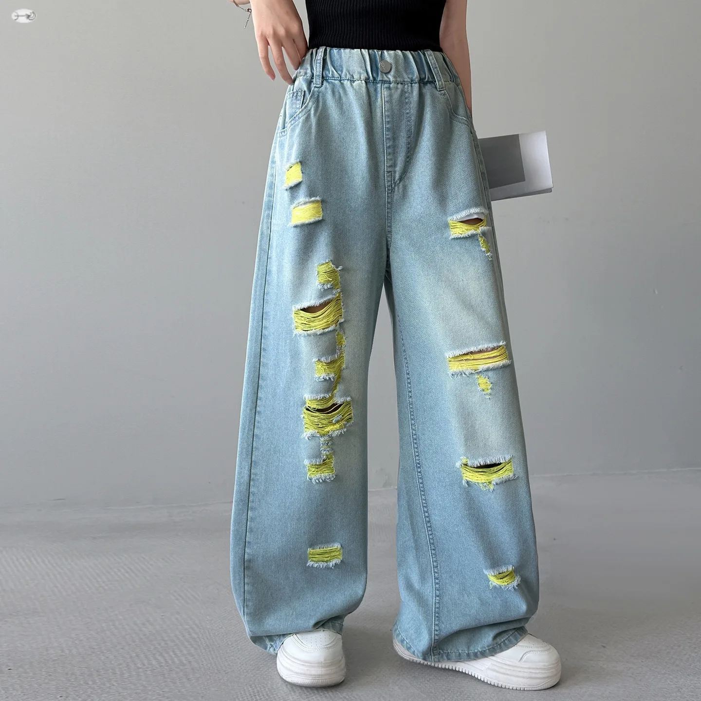 Teen Girls Fashion Personality Ripped Denim Pants Yellow Raw Edge High Waist Loose Wide Leg Trousers Children Casual Daily Jeans
