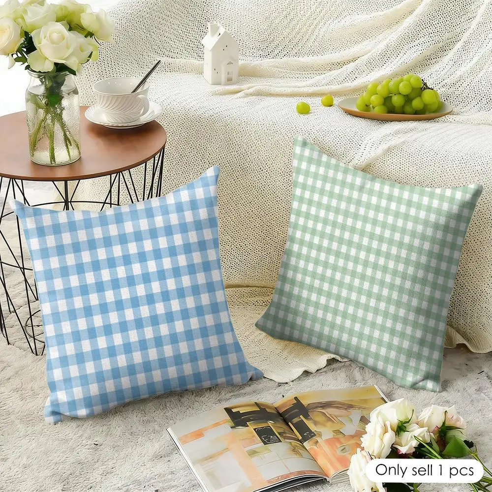 Gingham Pattern Cushion Cover Eco Linen Pillow Case | Double-Sided Print, Breathable & Durable, Hidden Zipper Home Decor Gift