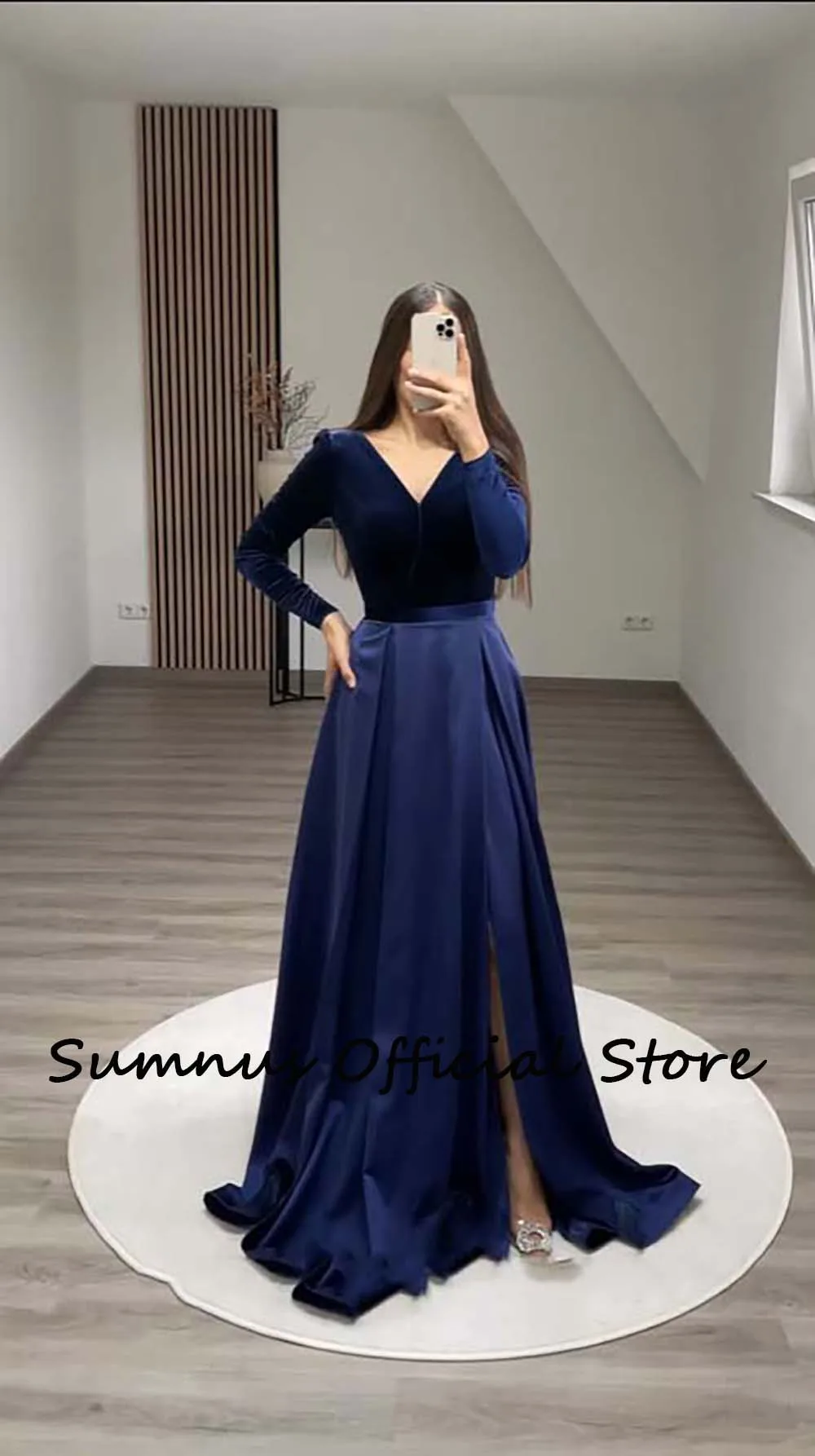 Sumnus azul marinho veludo vestidos de noite manga cheia decote em v fenda lateral drapeado cetim elegante feminino vestidos formais com trem