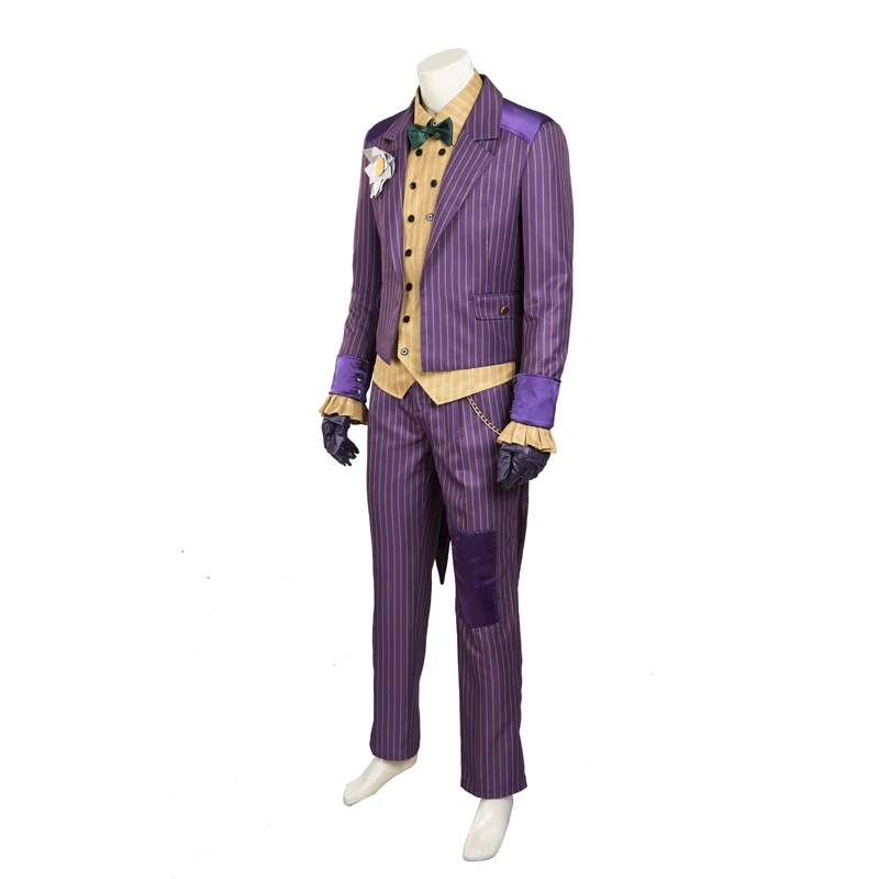 Gioco Halloween Purple Stripes Suit Arkham Knight Joker Cosplay Outfit con corpetto camicia gialla festa di carnevale su misura