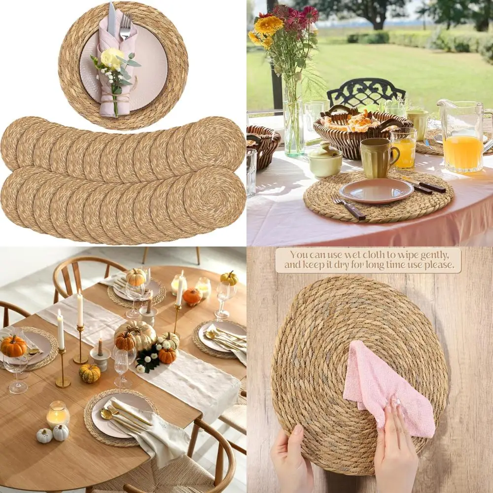 

Natural Handwoven Boho Rattan Wicker Placemats, 13.8-Inch Round, 24-Pack for Farmhouse Rustic Table Settings