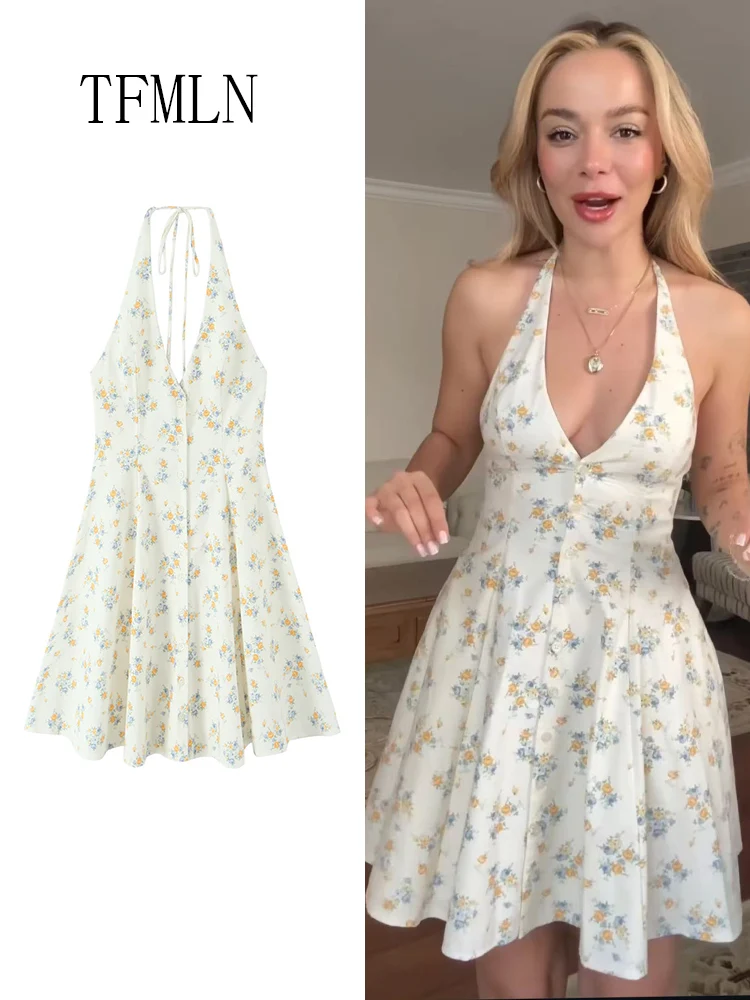TFMLN 2023 Zomer Vrouwen Bloemenprint Halter Jurk Zoete Dames Single Breasted Party A-lijn Jurk Mode Causale Backless Jurk