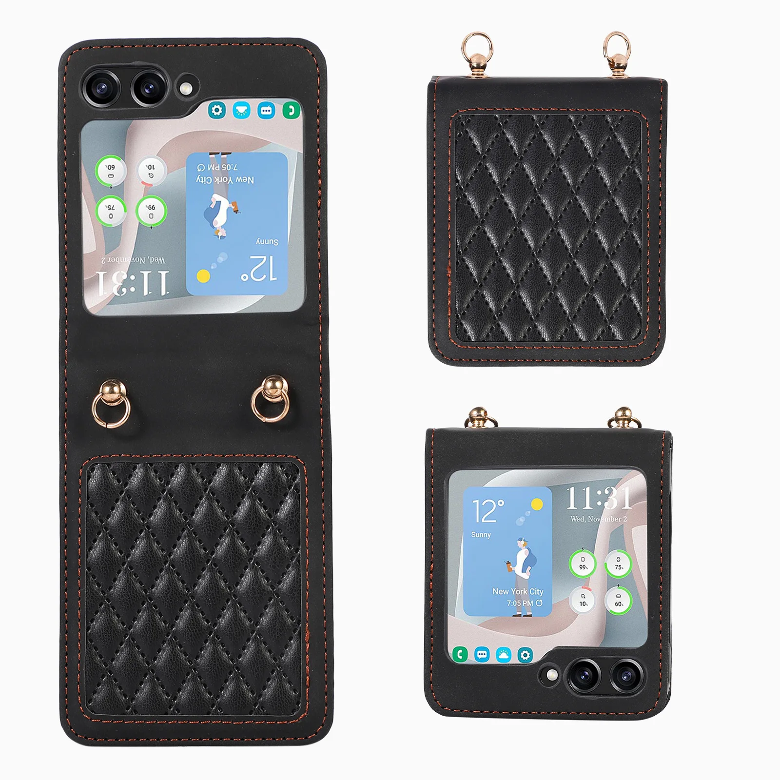 New Foldable Leather Phone Case For Samsung Z Flip 5 4 3 Case Diamond Checkered ZFlip5 With Crossbody Rope Phone Cover Hot Sales