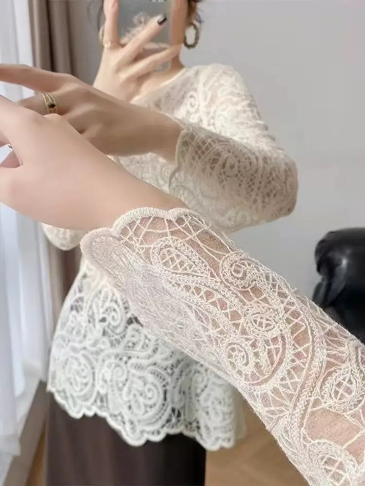 Sweter Wol Halus Musim Semi Musim Gugur Kasual Leher Bulat Pullover Renda Berongga Bawah Slim Fit Blus Jumper untuk Wanita