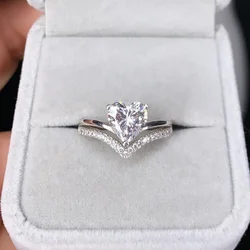 Delicate Silver Color White Zircon Stones Heart Rings for Women Fashion Bridal Engagement Wedding Ring Set Jewelry Gift