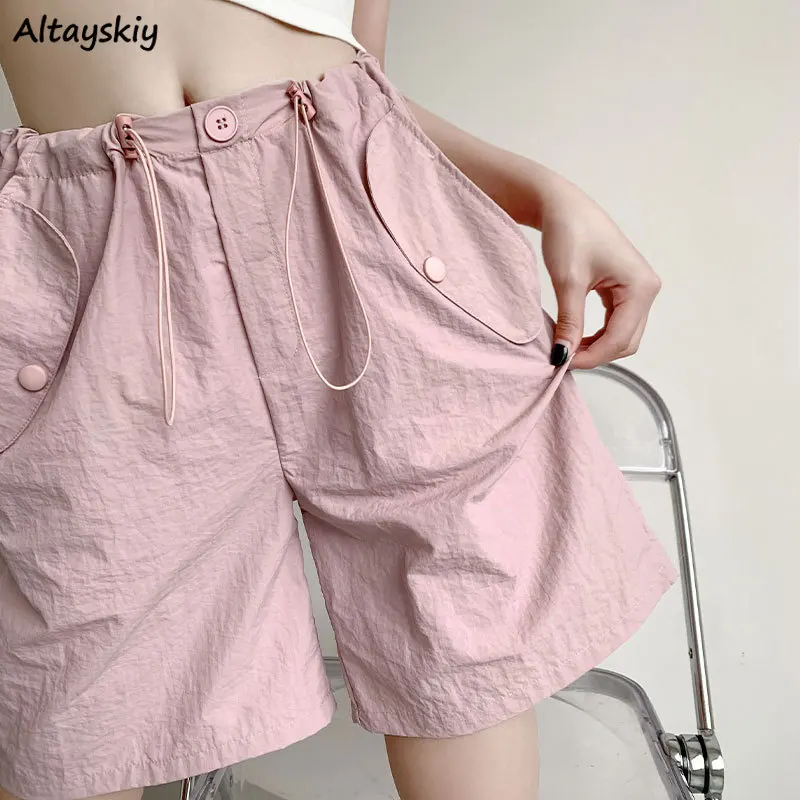 Pink Cargo Shorts Women Elastic Waist Pockets Straight Loose American Style Sweet Girlish Summer Stylish Casual Solid Simple Ins