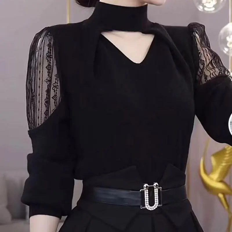Stylish Lace Spliced Hollow Out Shirt Women's Clothing Casual Half High Collar Autumn Winter Cut Out Korean Loose Knitted Blouse