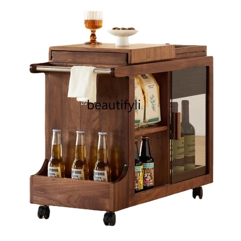 

North American Black Walnut Small Dining Car Home Sofa Mobile Side Cabinet Solid Wood Tea Trolley